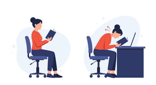 Infographic showing the difference between correct upright sitting posture and incorrect slumping while reading.