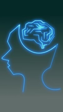 Human head silhouette with bright blue brain circuit. Artificial intelligence machine learning design. Digital mind data display on black.