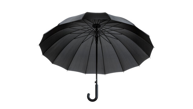 Open black umbrella with curved handle, isolated on transparent background