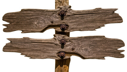 Rustic weathered wooden directional signpost with rusty bolts, isolated on transparent background © Elena