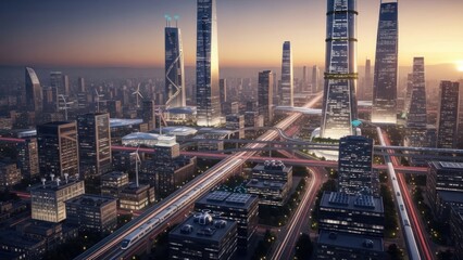 Naklejka premium Modern city skyline with skyscrapers and illuminated highways at sunset