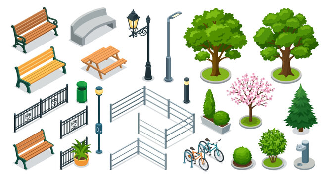 isometric park elements collection with benches trees and street furniture