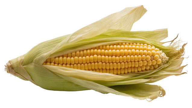 Fresh yellow corn cob with green husks, isolated on transparent background