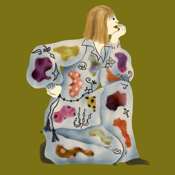 Woman with a fashionable colorful patchwork outfit illustration