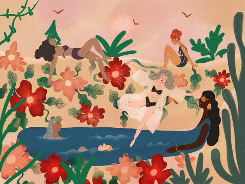 Women enjoying sunny summer day by the pond, swimming and sunbathing, hand drawn illustration