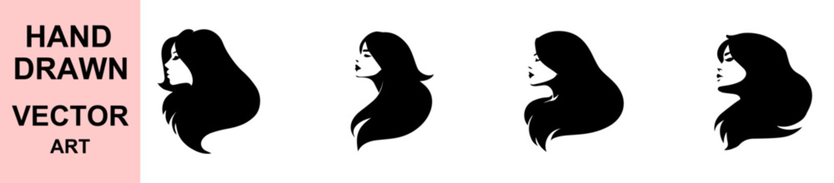 Minimal female face silhouette logo with long flowing hairstyle, elegant beauty fashion branding vector design for salon cosmetics spa wellness and hairstyling businesses modern luxury