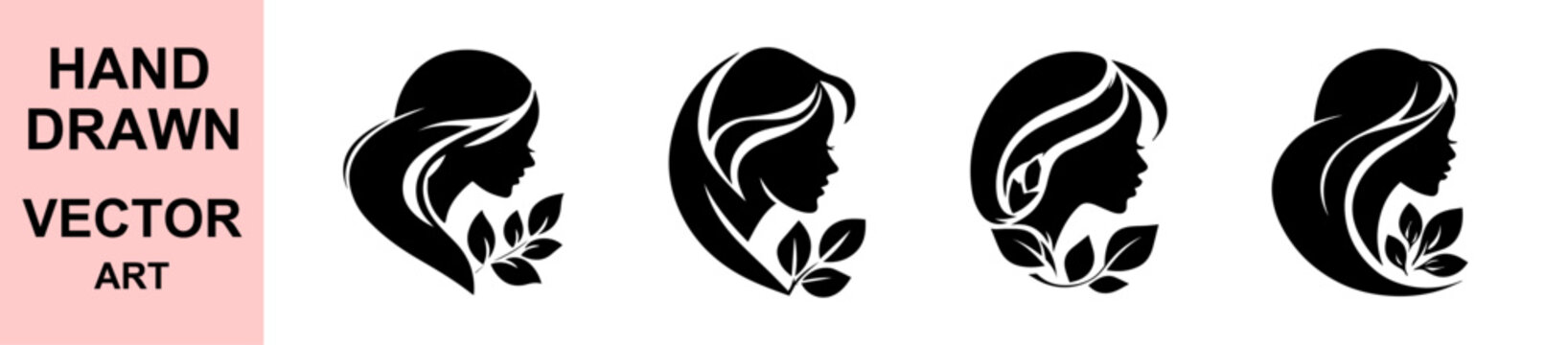 Elegant feminine beauty salon logo featuring woman silhouette with flowing hair and botanical leaves, luxury spa cosmetics branding design for wellness skincare and fashion businesses