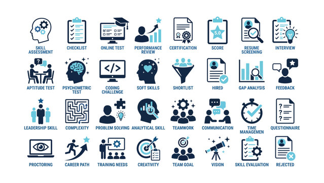 Business skill assessment and recruitment process icons set for human resources management  various employment concepts