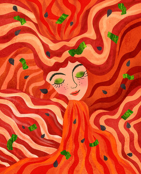 Kimchi girl, korean fermented cabbage illustration