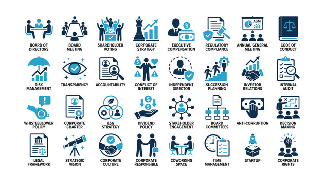 Collection of business and corporate management icons in blue and dark blue colors  various concepts