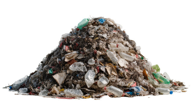 Large pile of mixed garbage including plastic bottles, isolated on transparent background
