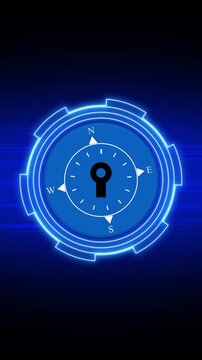 Glowing blue digital compass interface with neon rings. Futuristic navigation and cybersecurity concept. Motion lines technology background.