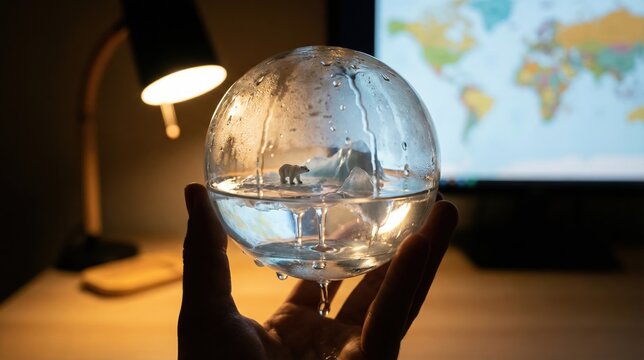 Melting ice inside glass globe held by hand symbolizes arctic ecosystem change and environmental impact with blurred map and lamp background
