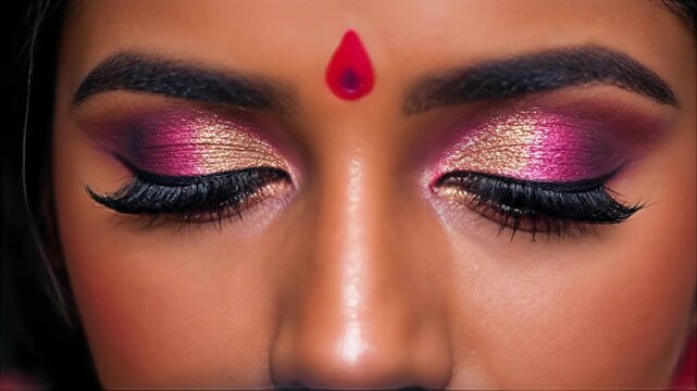 Close-up of a woman's eyes with dramatic makeup and a red bindi.
