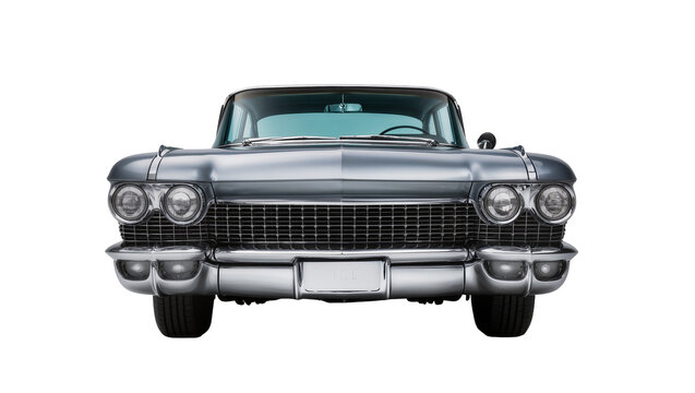 Classic silver Cadillac car front view chrome grille and headlights, isolated on transparent background