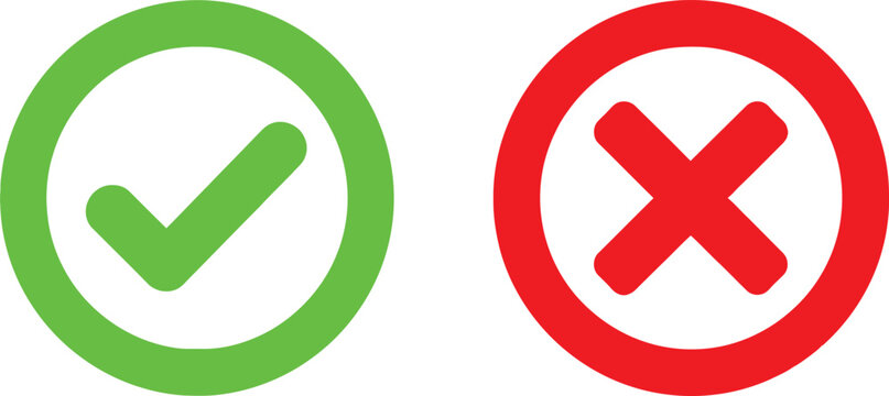 Green check mark and red cross mark symbols for approve and reject choices in a simple flat design style Vector