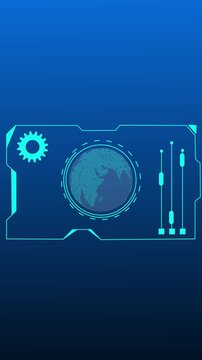 Futuristic blue HUD interface with world map globe. Global network and data automation concept. Tech dashboard with gear icon controls.