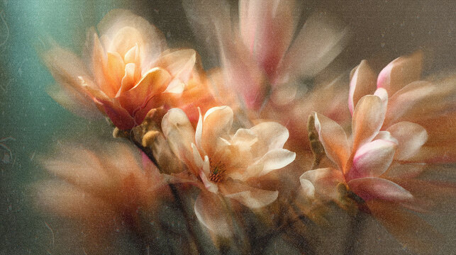Soft Blurred Dreamy Florals Pastel Background. Abstract flowers in delicate soft focus with airy light, vintage texture, and romantic Y2K aesthetic creating a calm ethereal atmosphere.