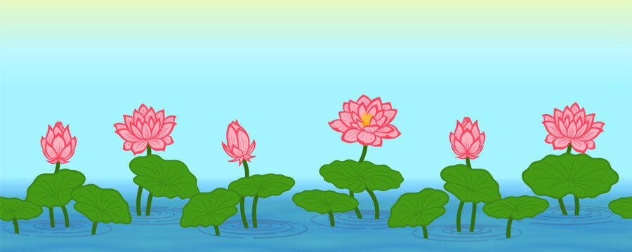 Vector seamless pattern. A background of pink lotuses and green leaves against a light blue sky and pond.