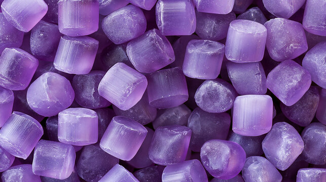 Macro view of high-quality purple plastic polymer granules in a dense pile, these translucent cylindrical pellets serve as raw material for industrial manufacturing and molding processes.
