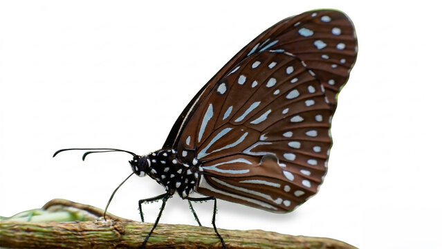 Macro close-up, blue monarch butterfly, scientific name Ideopsis vulgaris, often nicknamed the sparkling blue tiger, has a combination of dark brown with pale blue spots and stripes, semi-white on a w