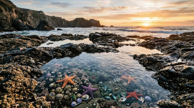 Colorful starfish and seashells in a tidal pool at sunset by the ocean