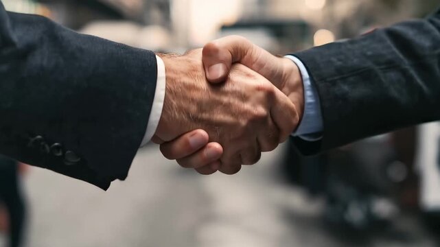 Two people shake hands in a busy city street during the daytime while others walk by and cars move in the background