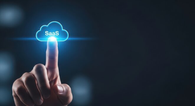 Saas cloud computing concept hand pressing button with software as a service label