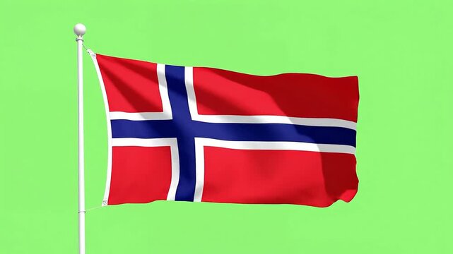 A Norwegian flag waves against a plain green background.