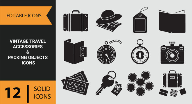 Vintage travel accessories packing objects collection for organized trip preparation and luggage essentials icons