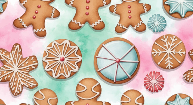 Seamless Pattern: Gingerbread Cookies with Icing on Watercolor Background