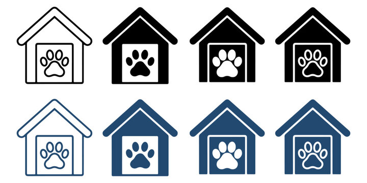 Pet dog house with paw print icon vector set in line and silhouette style for pet shop logo or veterinary app interface