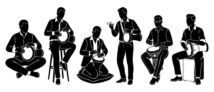 Men playing djembe drums set, percussionist musicians silhouette isolated on white background. Group of artists performing musical performance, rhythmic entertainment, live concert, ethnic instrument