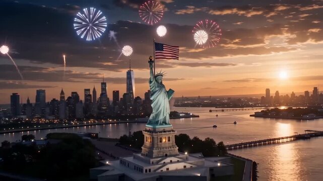 America 250 Celebration with Fireworks over Statue of Liberty and New York City Skyline fo Anniversary 1776 - 2026 Independence Day 4th of July