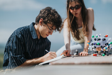 Fototapeta premium Two students study chemistry outdoors with a molecular model and notebook. A young man writes notes while his classmate points and helps nearby.