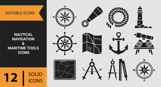 Nautical navigation maritime tools collection for sea exploration and ocean travel guidance icons