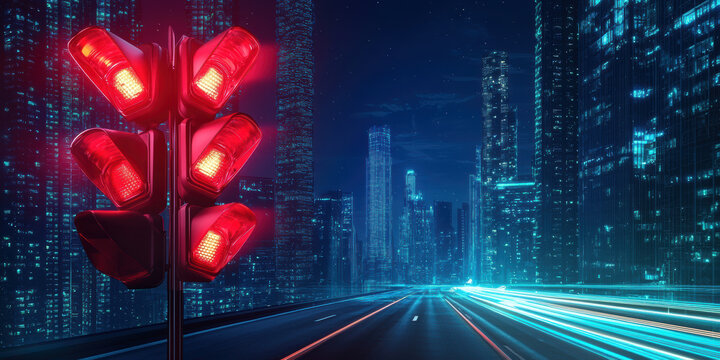 Futuristic cityscape at night with a red traffic light and illuminated skyscrapers, showcasing a neon-lit urban environment.