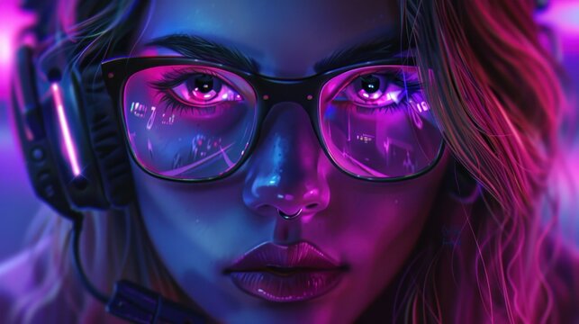 Woman wearing glasses and headset neon lights