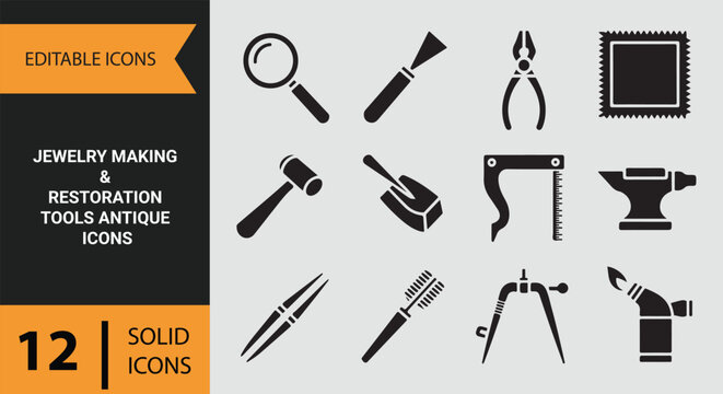 Jewelry making restoration tools antique collection for artisan repair and craftsmanship process icons