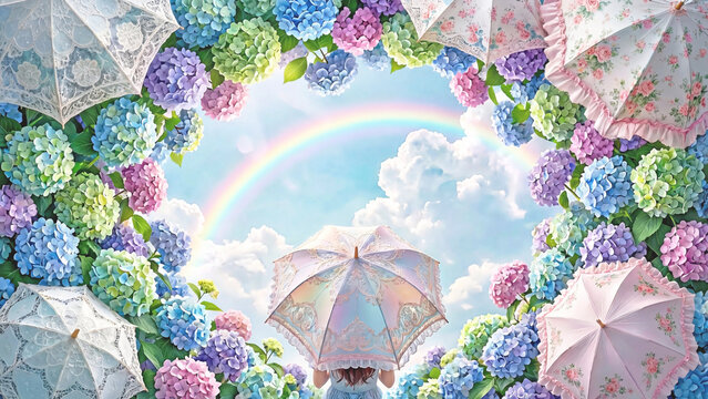 梅雨の晴れ間の、日傘とあじさいのお花の背景