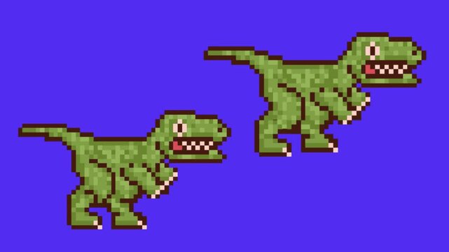 Pixel art style animation with two dinosaurs moving, vintage, blue.