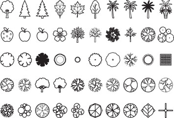 Fototapeta premium A collection of stylized, top-down and side-view illustrations of various trees and plants, presented in a clean, graphic style.