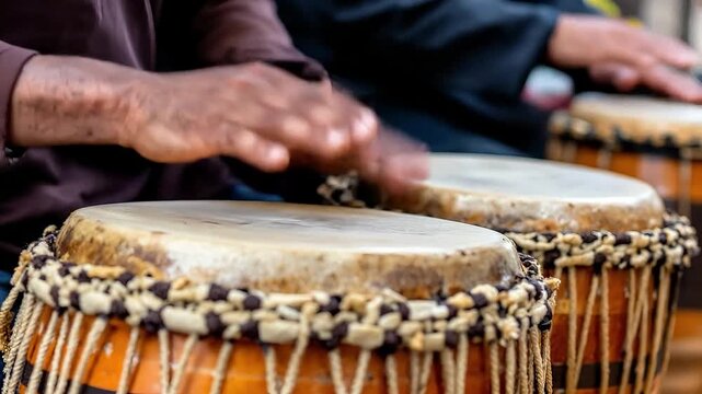 Hands drumming on traditional African drums, creating a rhythmic beat.