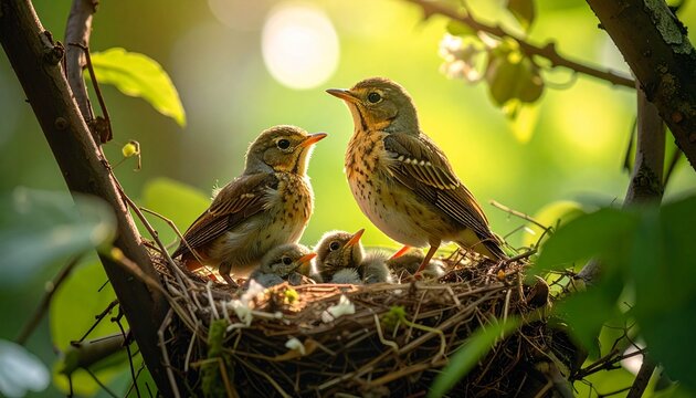 a pair of birds with their chicks in the nest