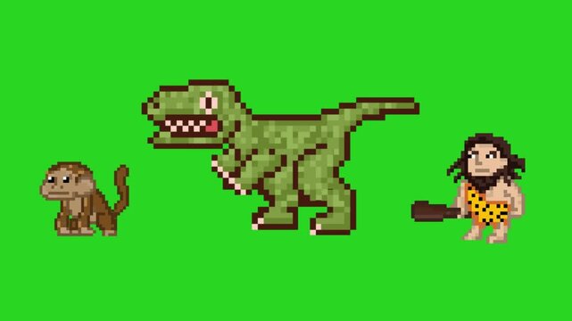 Pixel art style animation with a dinosaur, a caveman and a monkey moving, art, green.