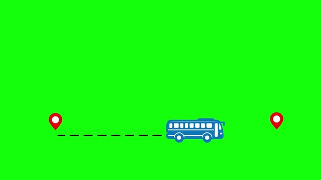 4K animated blue city bus driving on GPS navigation map route isolated on green screen for public transit and urban mobility concept