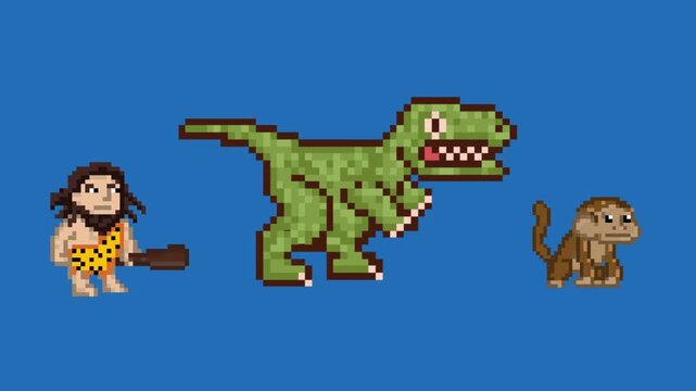 Pixel art style animation with a dinosaur, a caveman and a monkey moving, art, vintage, blue.