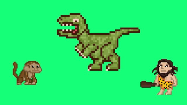Pixel art style animation with a dinosaur, a caveman and a monkey moving, vintage, green.