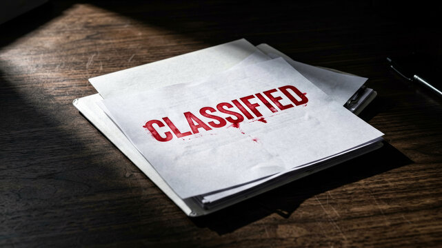 Confidential document marked classified symbolizing government secrecy intelligence operations and restricted political information