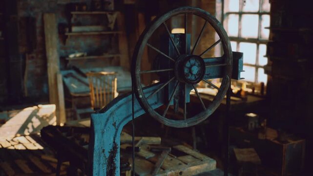 Industrial pulley and wheel assembly in dim workshop light, cast metal wheel framed by wooden shelves and workbench, mechanical detail evokes industrial